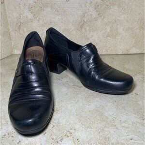 Clarks Black Leather Womens Heeled Loafers Casual Comfort Workwear‎
